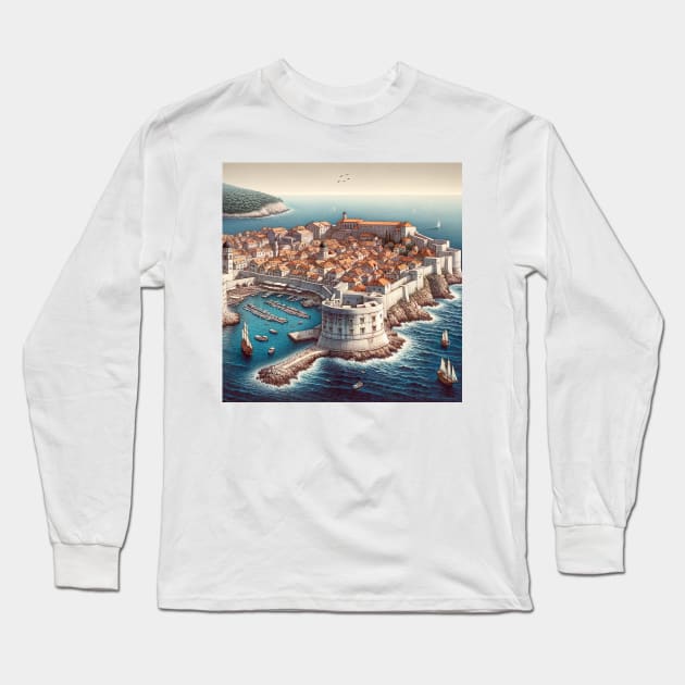 Dubrovnik Illustration Croatia Long Sleeve T-Shirt by unrealartwork